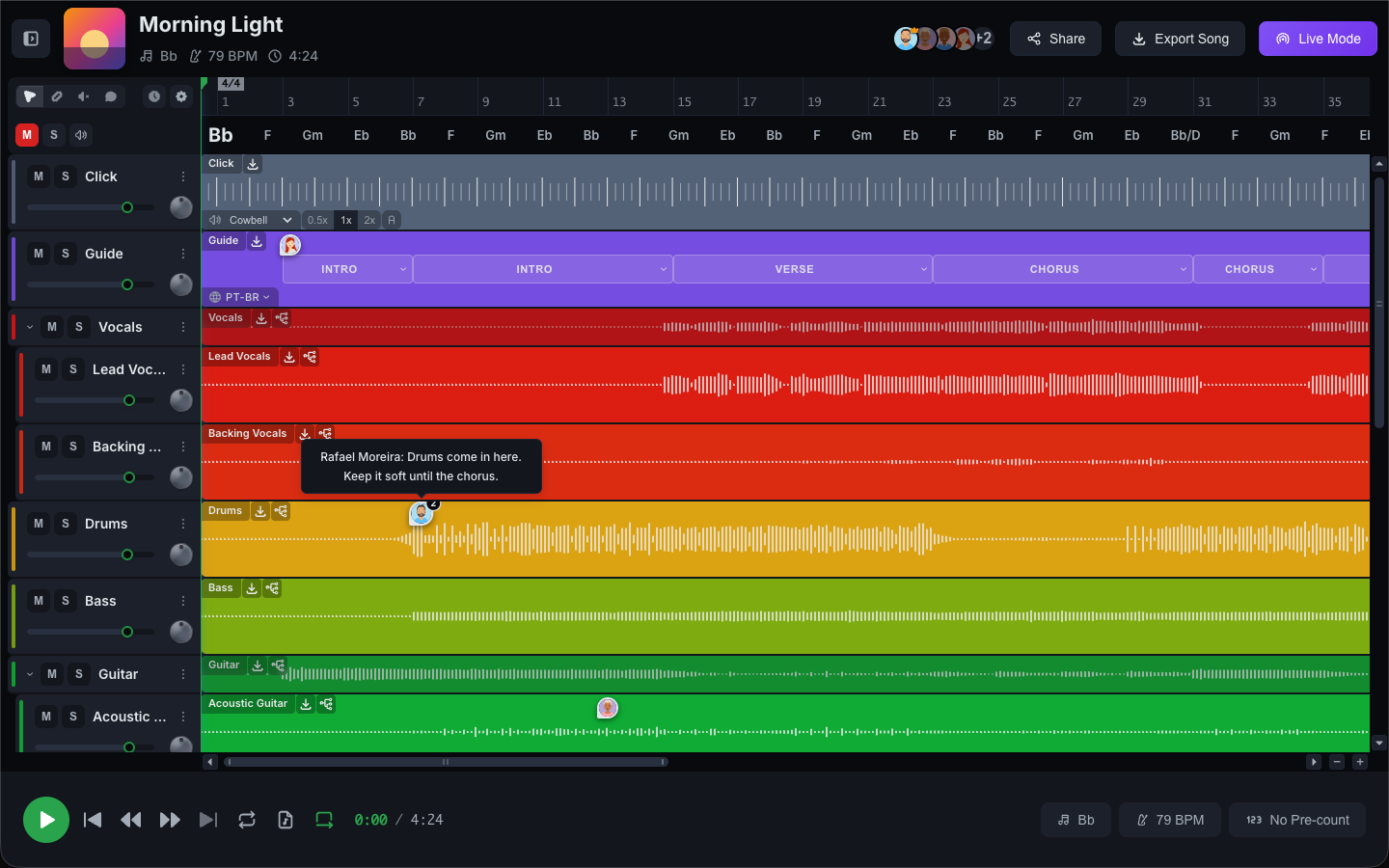Comment balloons on the Guide, Drums and Acoustic Guitar tracks, with the preview of the drums comment