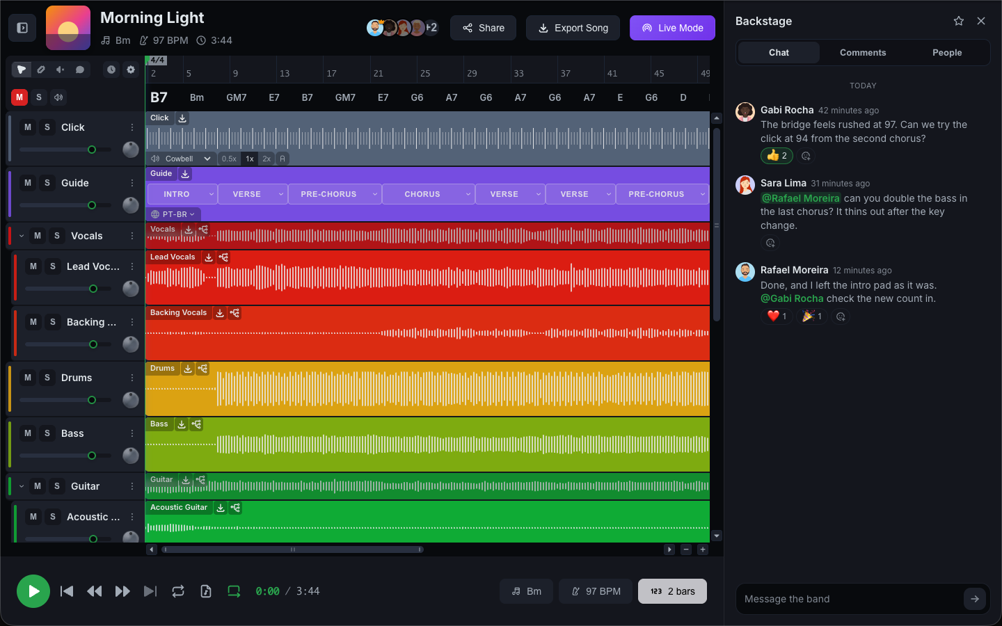 The Backstage panel open on the Chat tab, next to the player