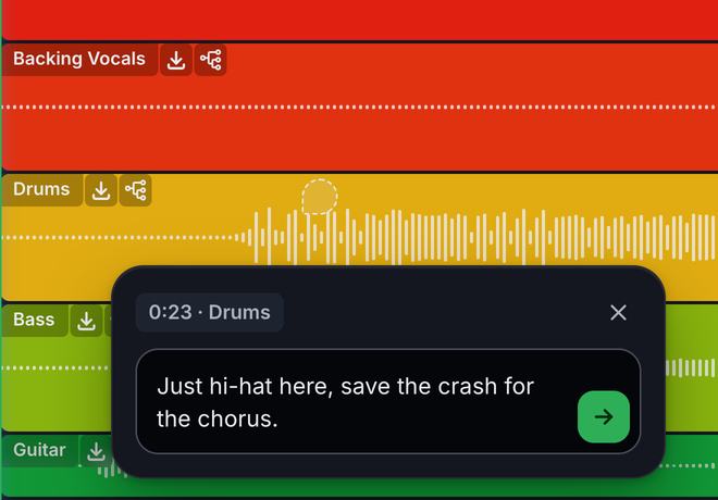 The comment box open below the Drums track, with a dashed balloon on the tapped spot