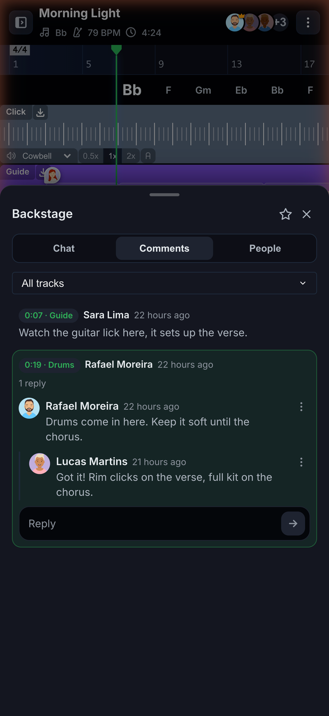 A comment conversation open in the Comments tab on a phone