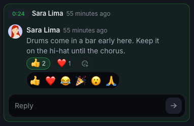 A comment with a thumbs up from two people, one of them you, a heart, and the six emojis open to pick from