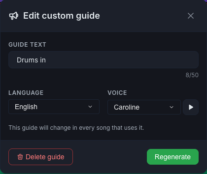 The Edit custom guide window with the warning that the guide changes in every song, Delete guide and Regenerate
