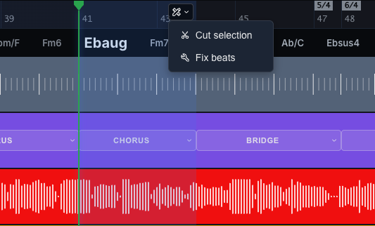 Selected timeline region with the Cut selection menu open
