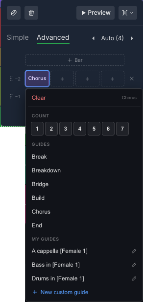 The menu of a cell: Clear, Count, Guides, My guides and New custom guide
