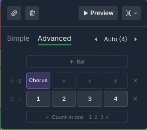 The section menu in Advanced: a guide on the first beat of one bar, then a count of 1, 2, 3, 4