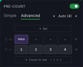 The pre-count popup in Advanced: Intro on the first beat of one bar, then a count of 1, 2, 3, 4